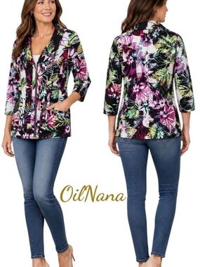 Berek Floral Zip Jacket Womens Medium Multicolor Excellent Tropical‎ 3/4 Sleeve